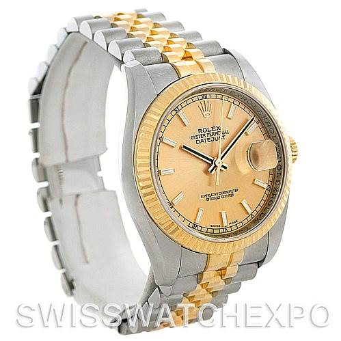 This image shows a Rolex Datejust 116233CSJ Men
s Stainless Steel Champagne Dial 116233CSJ Men
s Stainless Steel Champagne Dial watch at an angled view, highlighting the face, bezel, and two-tone bracelet.