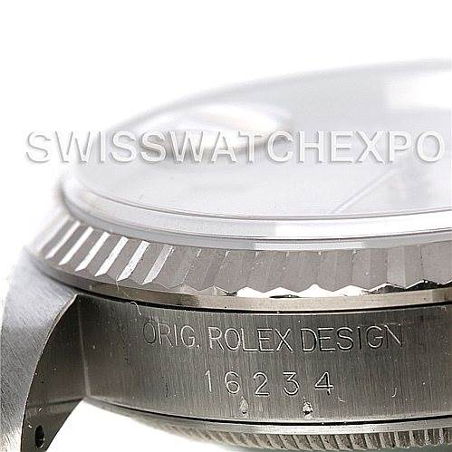 The image shows a close-up of the side view, featuring the fluted bezel and the model engraving of a Rolex Datejust 16234 Men's Stainless Steel Silver Dial 16234 Men's Stainless Steel Silver Dial 16234.