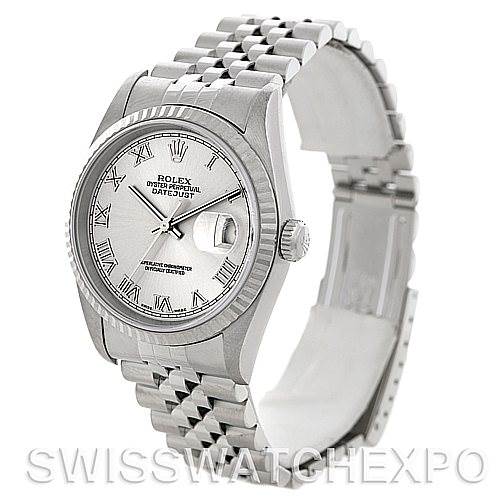 The image shows a Rolex Datejust 16234 Men's Stainless Steel Silver Dial 16234 Men's Stainless Steel Silver Dial watch from an angled side view, displaying its face, bracelet, and clasp.