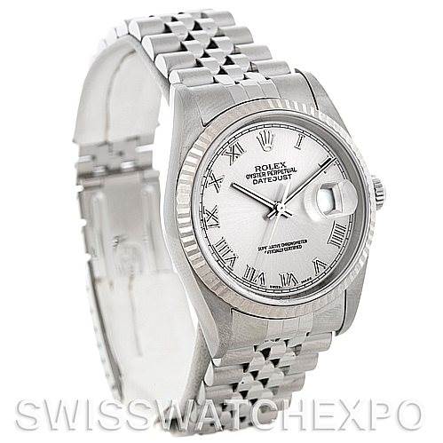 The image shows a Rolex Datejust 16234 Men's Stainless Steel Silver Dial 16234 Men's Stainless Steel Silver Dial model watch at a slight angle, highlighting the face, bezel, bracelet, and clasp.