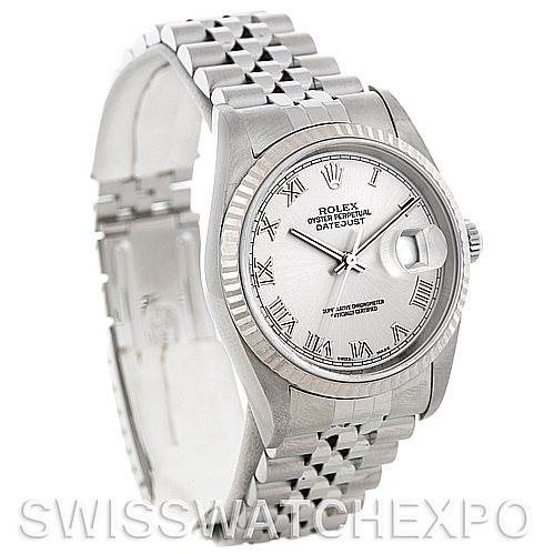 The image shows a Rolex Datejust model watch at a slight angle, highlighting the face, bezel, bracelet, and clasp.