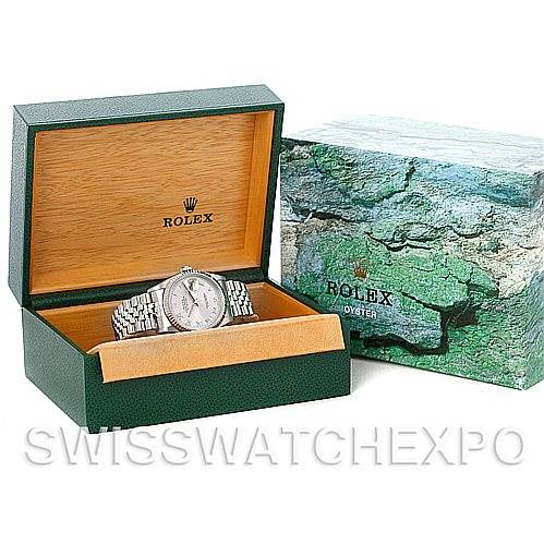 The image shows a Rolex Datejust 16234 Men's Stainless Steel Silver Dial 16234 Men's Stainless Steel Silver Dial watch inside an open green and wooden box, with the outer green and white box visible.