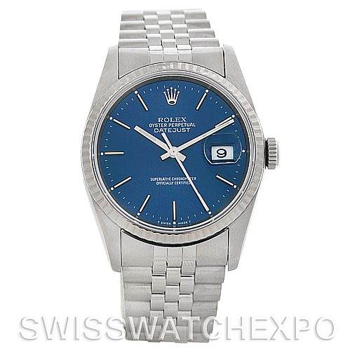 The image shows a Rolex Datejust 16234 Men's Stainless Steel Blue Dial 16234 Men's Stainless Steel Blue Dial watch from a frontal angle, highlighting its blue dial, date window, bezel, and bracelet.