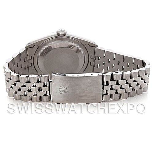 The image shows the back of a Rolex Datejust 16234 Men's Stainless Steel Blue Dial 16234 Men's Stainless Steel Blue Dial watch, highlighting the case back and the Jubilee bracelet with a clasp.