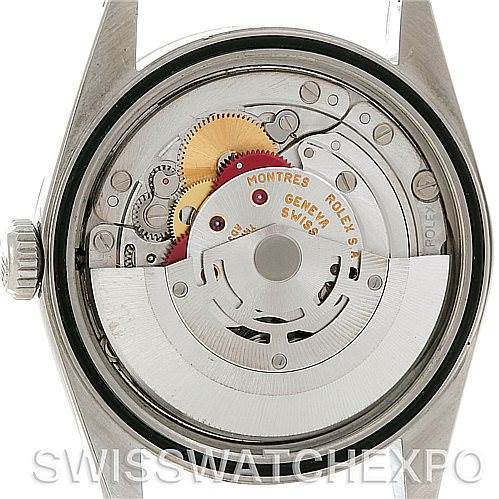 The image shows the internal mechanical movement of a Rolex Datejust 16234 Men's Stainless Steel White Dial 16234 Men's Stainless Steel White Dial watch, viewed from the back with the case open.