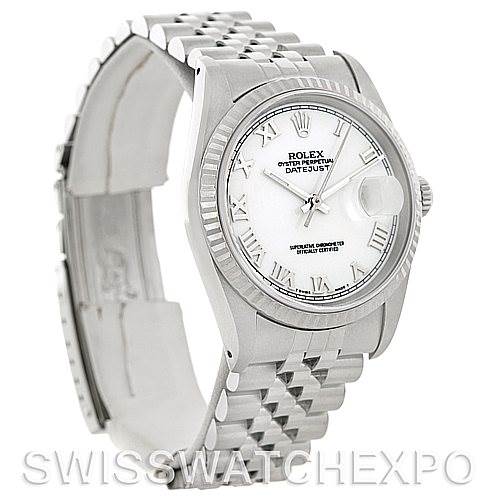 This image shows the side and front view of a Rolex Datejust 16234 Men's Stainless Steel White Dial 16234 Men's Stainless Steel White Dial watch, showcasing its bracelet, dial, and partially open clasp.