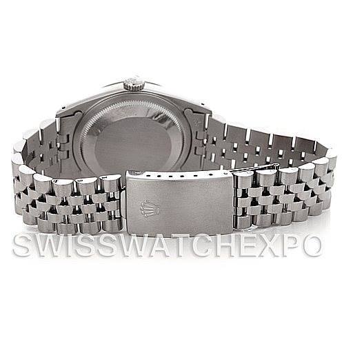 This image shows the back view of a Rolex Datejust 16234 Men's Stainless Steel White Dial 16234 Men's Stainless Steel White Dial watch, highlighting the stainless steel case and jubilee bracelet with a clasp.