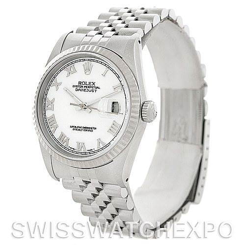 The image shows a Rolex Datejust 16234 Men's Stainless Steel White Dial 16234 Men's Stainless Steel White Dial watch at a slight angle, highlighting the dial, bezel, crown, and bracelet.