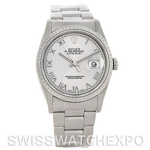 This image shows a front view of a Rolex Datejust 16220 Men's Stainless Steel Silver Dial 16220 Men's Stainless Steel Silver Dial watch, highlighting the dial, bracelet, and date window.