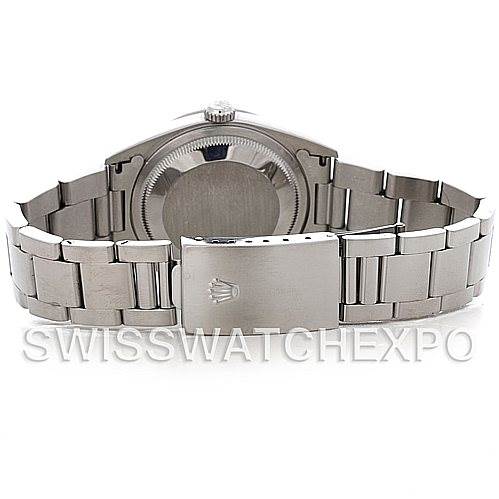 This image shows the back view of a Rolex Datejust 16220 Men's Stainless Steel Silver Dial 16220 Men's Stainless Steel Silver Dial watch, highlighting the case back, crown, and bracelet with the clasp.