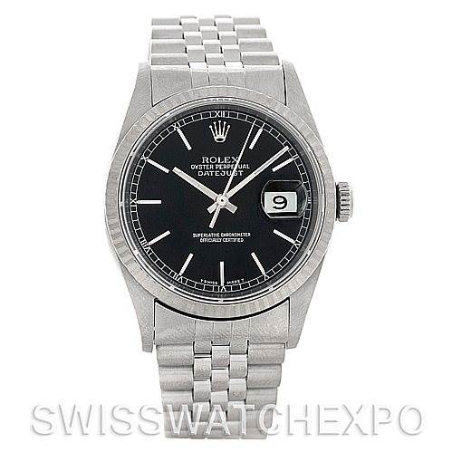 This image shows a front view of a Rolex Datejust 16234 Men's Stainless Steel Black Dial 16234 Men's Stainless Steel Black Dial watch, displaying its black dial, jubilee bracelet, and date window.