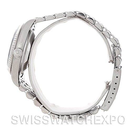 This image shows a side view of a Rolex Datejust 16234 Men's Stainless Steel Black Dial 16234 Men's Stainless Steel Black Dial watch, highlighting the bezel, case, crown, and metal bracelet.