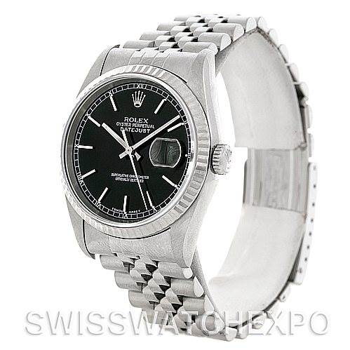 The image shows a Rolex Datejust 16234 Men's Stainless Steel Black Dial 16234 Men's Stainless Steel Black Dial watch at an angled side view, highlighting its dial, bezel, crown, and bracelet.