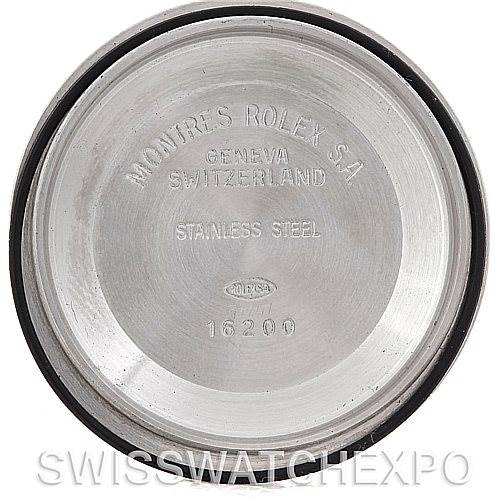 This is the underside of the back case for a Rolex Datejust 16234 Men's Stainless Steel Black Dial 16234 Men's Stainless Steel Black Dial model watch, showing engraved text and the model number 16200.