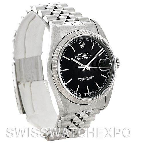 The image shows a Rolex Datejust 16234 Men's Stainless Steel Black Dial 16234 Men's Stainless Steel Black Dial watch at an angle displaying its face, bezel, and bracelet.