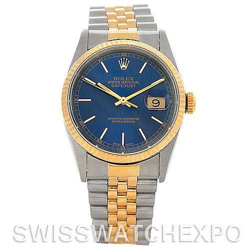 This image shows a Rolex Datejust 16233 Men's Steel and Gold (two tone) Blue Dial 16233 Men's Steel and Gold (two tone) Blue Dial watch, featuring a blue dial, gold bezel, and bi-metal bracelet at a front angle.