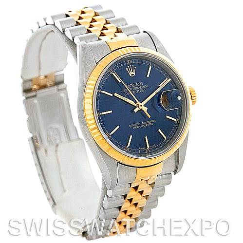 The image shows a Rolex Datejust 16233 Men's Steel and Gold (two tone) Blue Dial 16233 Men's Steel and Gold (two tone) Blue Dial watch angled from the front-left, highlighting its blue dial, two-tone bracelet, and gold bezel.
