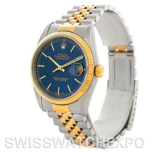 The image features a Rolex Datejust 16233 Men's Steel and Gold (two tone) Blue Dial 16233 Men's Steel and Gold (two tone) Blue Dial watch with a blue dial, gold bezel and crown, and a two-tone Jubilee bracelet.
