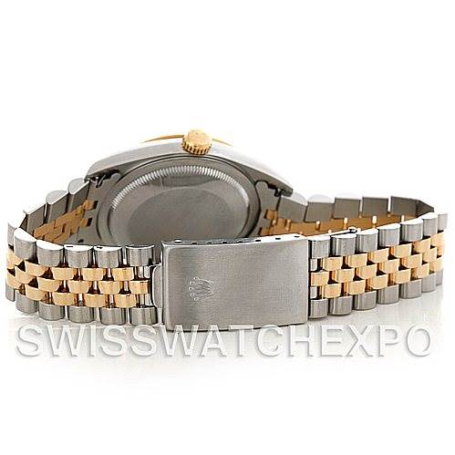 This image shows the back case and bracelet, including the clasp, of a Rolex Datejust 16233 Men's Steel and Gold (two tone) Blue Dial 16233 Men's Steel and Gold (two tone) Blue Dial watch, with SwissWatchExpo branding.