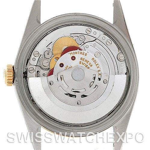 The image shows the back view of the Rolex Datejust 16233 Men's Steel and Gold (two tone) White Dial 16233 Men's Steel and Gold (two tone) White Dial watch, displaying its internal mechanical movement.