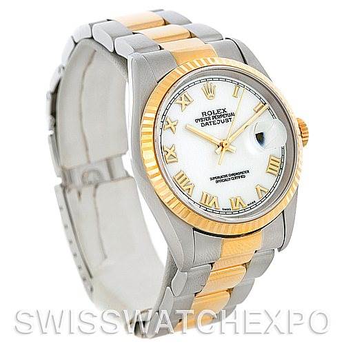 This image shows a Rolex Datejust 16233 Men's Steel and Gold (two tone) White Dial 16233 Men's Steel and Gold (two tone) White Dial watch at a 3/4 angle, highlighting its face, bezel, and two-tone bracelet.
