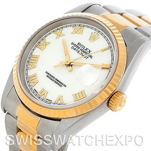 This image shows a Rolex Datejust 16233 Men's Steel and Gold (two tone) White Dial 16233 Men's Steel and Gold (two tone) White Dial watch at an angled close-up, highlighting its face, bezel, and part of the bracelet.