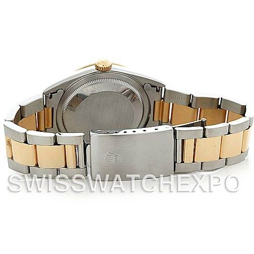 The image shows the back case and bracelet of a Rolex Datejust 16233 Men's Steel and Gold (two tone) White Dial 16233 Men's Steel and Gold (two tone) White Dial watch, highlighting the clasp and two-tone metal links.