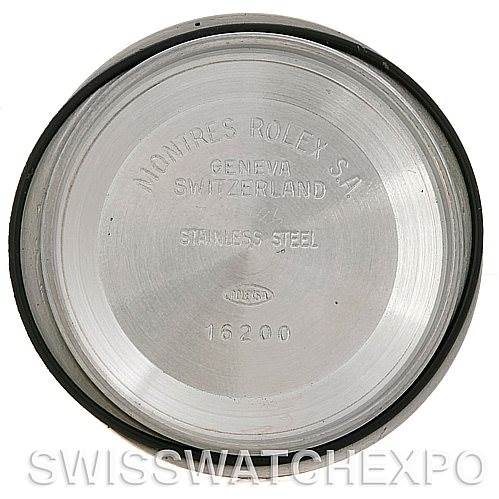 The image shows the back cover of a Rolex Datejust 16233 Men's Steel and Gold (two tone) White Dial 16233 Men's Steel and Gold (two tone) White Dial watch, displaying the model number 16200 and manufacturing details.