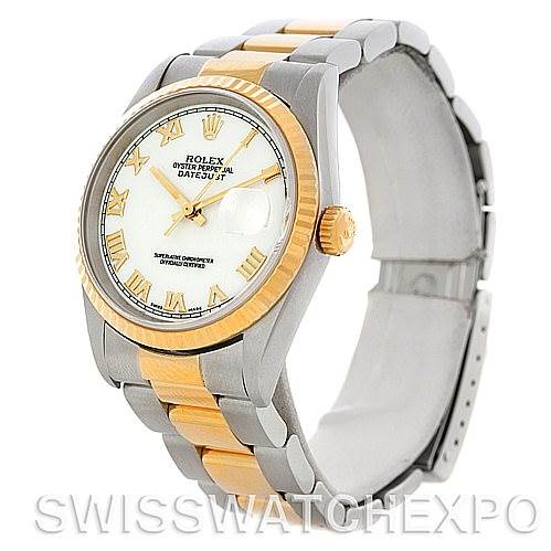 The image shows a Rolex Datejust 16233 Men's Steel and Gold (two tone) White Dial 16233 Men's Steel and Gold (two tone) White Dial watch at a three-quarter angle, highlighting the face, bezel, crown, and part of the bracelet.