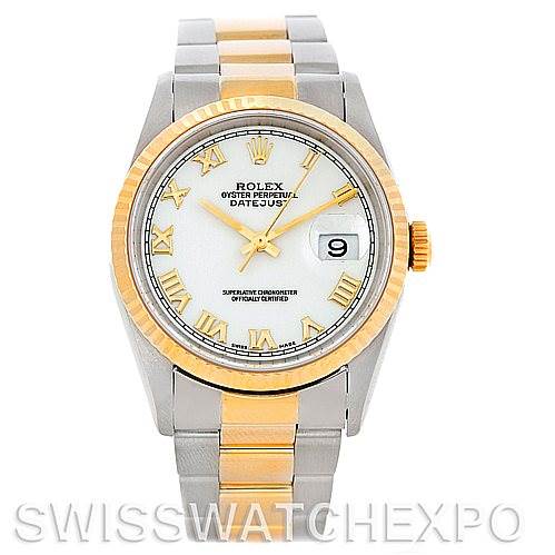 The image shows a Rolex Datejust 16233 Men's Steel and Gold (two tone) White Dial 16233 Men's Steel and Gold (two tone) White Dial watch from a front angle, highlighting its two-tone metal design, white dial, Roman numerals, and date window at 3 o'clock.