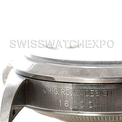 The image shows a side view of the Rolex Datejust 16200 Men's Stainless Steel Blue Dial 16200 Men's Stainless Steel Blue Dial watch, highlighting the case with the "ORIG. ROLEX DESIGN" and model number 16200 engraved.