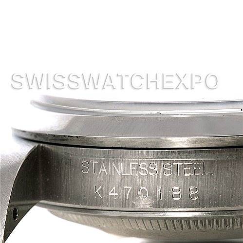 This image shows a close-up side view of the stainless steel case and serial number of a Rolex Datejust 16200 Men's Stainless Steel Blue Dial 16200 Men's Stainless Steel Blue Dial watch.