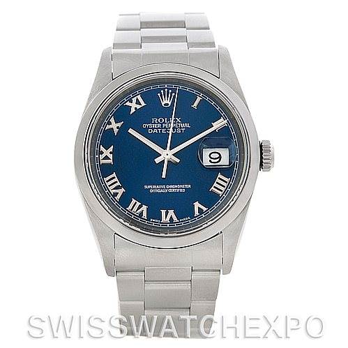 The image shows a front view of a Rolex Datejust 16200 Men's Stainless Steel Blue Dial 16200 Men's Stainless Steel Blue Dial watch, displaying the blue dial, Roman numerals, date window, and stainless steel bracelet.