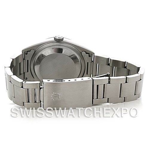 The image shows the back case and stainless steel bracelet of a Rolex Datejust 16200 Men's Stainless Steel Blue Dial 16200 Men's Stainless Steel Blue Dial watch, with the clasp visible.
