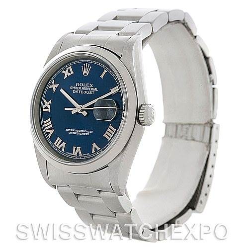 The image shows a front angle of a Rolex Datejust 16200 Men's Stainless Steel Blue Dial 16200 Men's Stainless Steel Blue Dial watch, displaying its blue dial, Roman numeral markers, and stainless steel bracelet.
