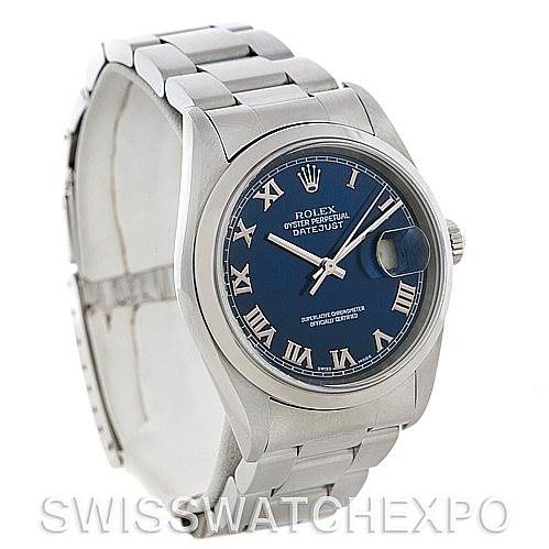 The image shows a front-left angle view of a Rolex Datejust 16200 Men's Stainless Steel Blue Dial 16200 Men's Stainless Steel Blue Dial watch, highlighting the face, bezel, bracelet, and clasp.