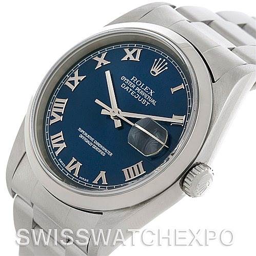 The image shows a Rolex Datejust 16200 Men's Stainless Steel Blue Dial 16200 Men's Stainless Steel Blue Dial watch from an angled, close-up view focusing on its dial, bezel, and part of the bracelet.
