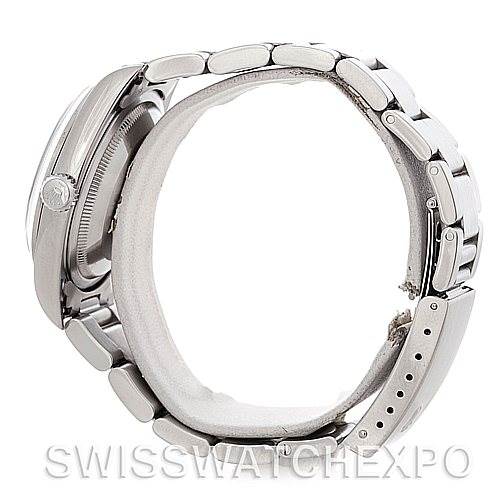 The image shows a side view of a Rolex Datejust 16200 Men's Stainless Steel Blue Dial 16200 Men's Stainless Steel Blue Dial watch, highlighting the bracelet and case.