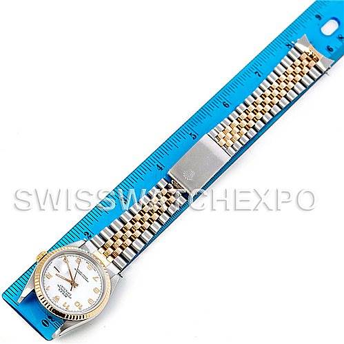 This image shows a top-down view of the Rolex Datejust 16233 Men's Steel and Gold (two tone) White Dial 16233 Men's Steel and Gold (two tone) White Dial watch, including the face, bezel, and full bracelet.