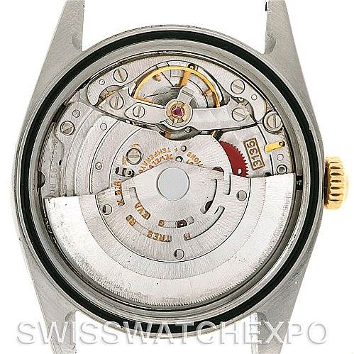 This image shows the internal mechanism of a Rolex Datejust 16233 Men's Steel and Gold (two tone) White Dial 16233 Men's Steel and Gold (two tone) White Dial watch from a top-down angle, focusing on the movement.