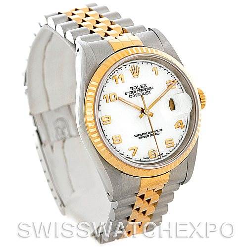 This image shows a Rolex Datejust 16233 Men's Steel and Gold (two tone) White Dial 16233 Men's Steel and Gold (two tone) White Dial watch at a front-left angle, highlighting the dial, bezel, and two-tone bracelet.