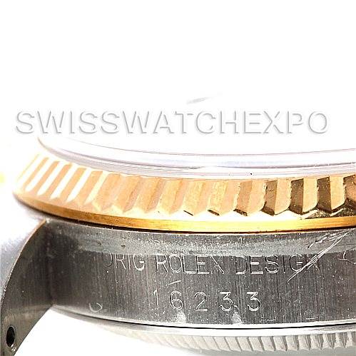 This image shows a close-up side view of the Rolex Datejust 16233 Men's Steel and Gold (two tone) White Dial 16233 Men's Steel and Gold (two tone) White Dial model's bezel and case, highlighting the model number 16233.
