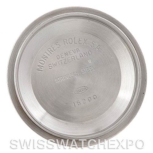 This image shows the inside of the case back for a Rolex Datejust 16233 Men's Steel and Gold (two tone) White Dial 16233 Men's Steel and Gold (two tone) White Dial watch, marked with "Montres Rolex S.A.," "Geneva, Switzerland," and "Stainless Steel."