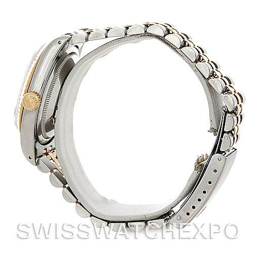 The image shows a side view of the Rolex Datejust 16233 Men's Steel and Gold (two tone) White Dial 16233 Men's Steel and Gold (two tone) White Dial watch, focusing on its bezel, crown, and Jubilee bracelet.