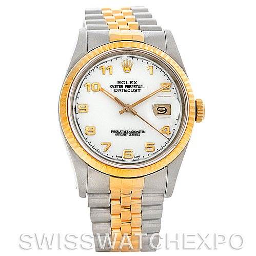 The image shows a Rolex Datejust 16233 Men's Steel and Gold (two tone) White Dial 16233 Men's Steel and Gold (two tone) White Dial model watch from a front view, displaying the dial, bezel, and part of the band.
