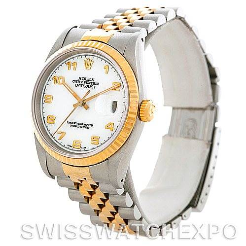 The Rolex Datejust 16233 Men's Steel and Gold (two tone) White Dial 16233 Men's Steel and Gold (two tone) White Dial watch is shown from a front angle, highlighting the dial, bezel, crown, and bracelet.