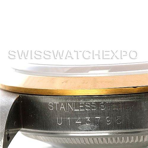 This image shows a side view of the case and bezel of a Rolex Datejust 16203 Men
s Steel and Gold (two tone) White Dial 16203 Men
s Steel and Gold (two tone) White Dial watch, highlighting the stainless steel material and serial number.