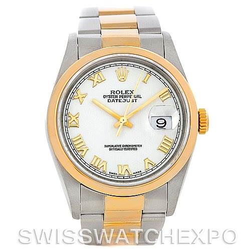 This image shows a front view of a Rolex Datejust 16203 Men
s Steel and Gold (two tone) White Dial 16203 Men
s Steel and Gold (two tone) White Dial watch, highlighting its dial, bezel, hands, bracelet, and date window.