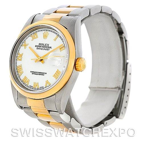 This image shows a side angle view of a Rolex Datejust 16203 Men
s Steel and Gold (two tone) White Dial 16203 Men
s Steel and Gold (two tone) White Dial watch, highlighting the bracelet, crown, and dial.