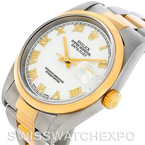 This image shows a Rolex Datejust 16203 Men
s Steel and Gold (two tone) White Dial 16203 Men
s Steel and Gold (two tone) White Dial watch at an angle, highlighting the gold bezel, crown, and indices on a white dial.